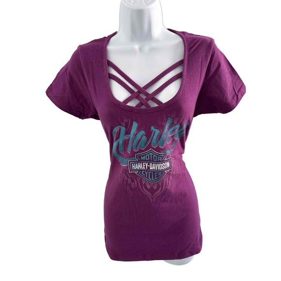 Harley-Davidson Purple Short Sleeve Criss Cross Neckline Logo V Neck T Shirt M - Picture 4 of 6